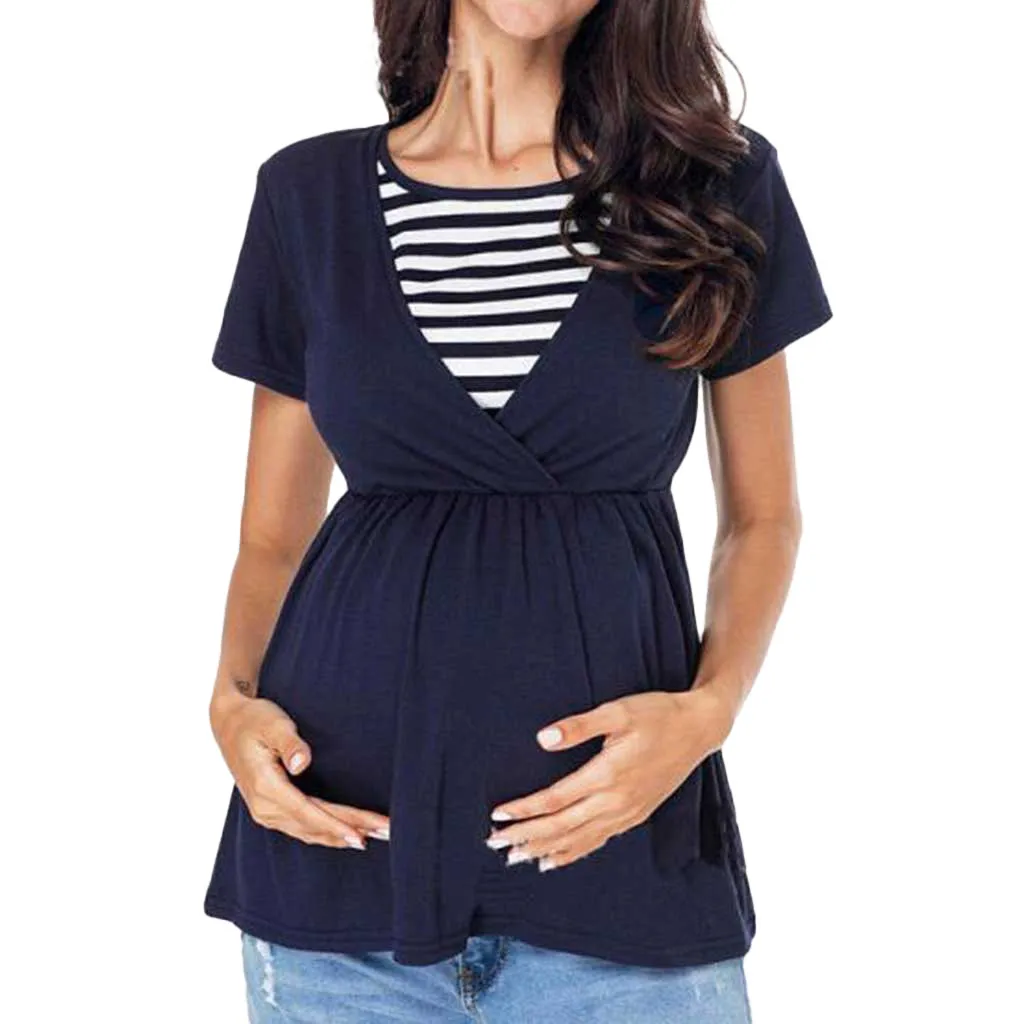 Женская футболка одежда для беременных топы для кормящих мам Лоскутная полосатая футболка для грудного вскармливания embarazada camiseta lactancia HH