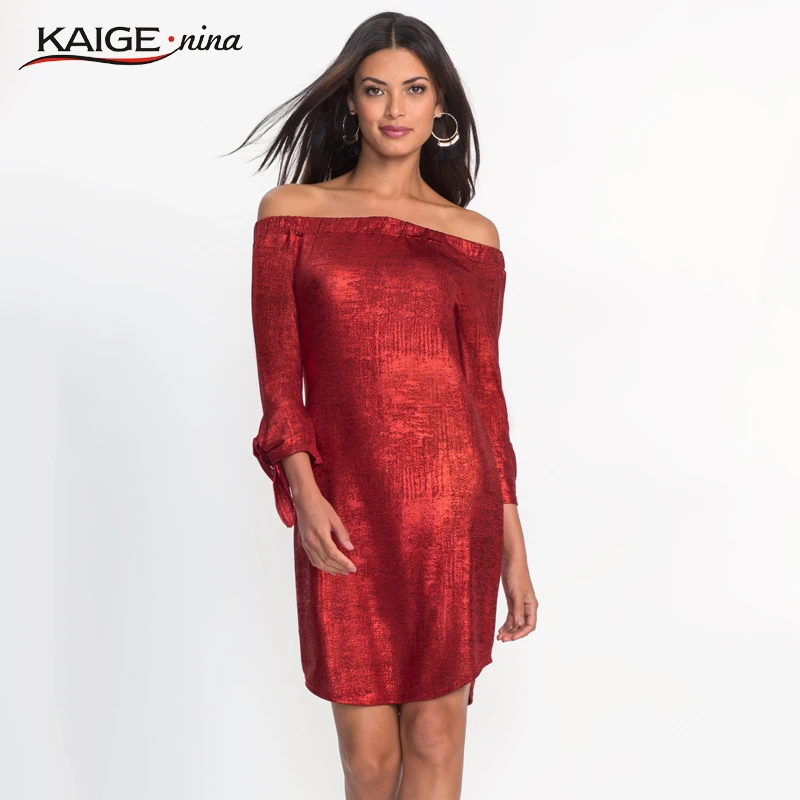 

Fashion Long Sleeve Off Shoulder Slash Neck Sexy Women's Dress Solid Slim Bodycon Knee-Length Party Night Dresses 18061