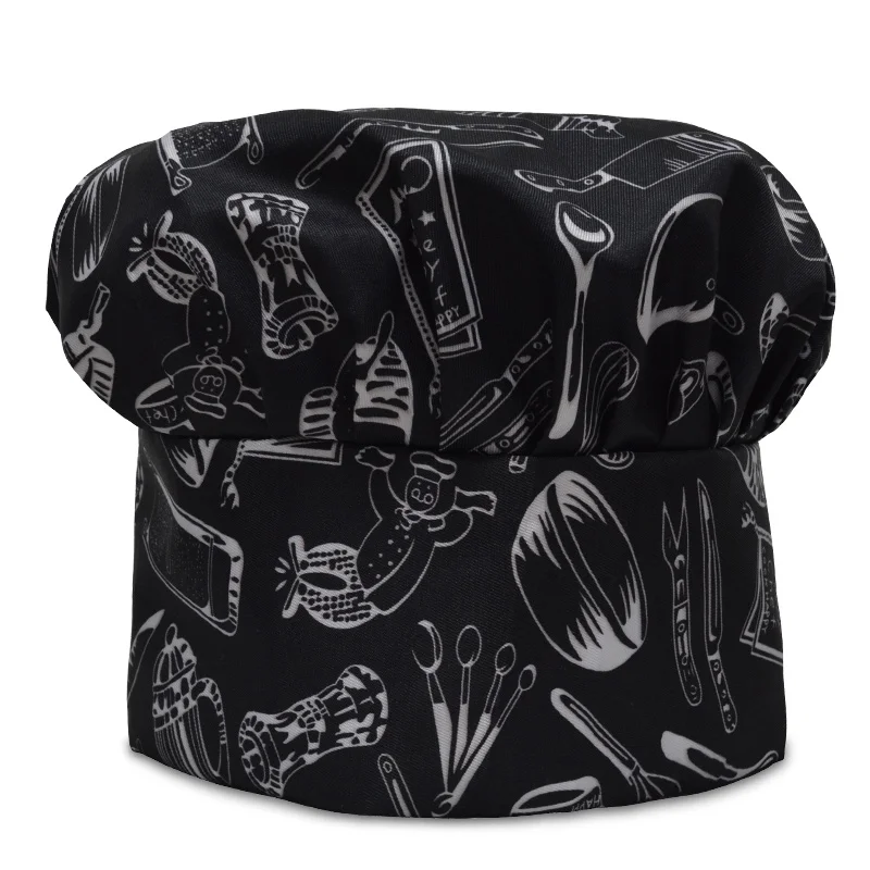Мужские поварские шапки женские кухонные пекарские кепки Регулируемая Удобная кулинарная шляпа кафе работа в ресторане поварские шапки - Цвет: Black pattern
