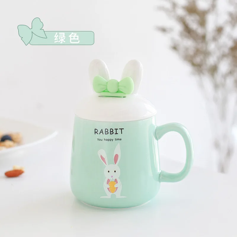 Керамическая кружка кролик офис Симпатичные чашки студент домой мультфильм парные чашки с крышкой кролик Керамика кружка - Цвет: Зеленый
