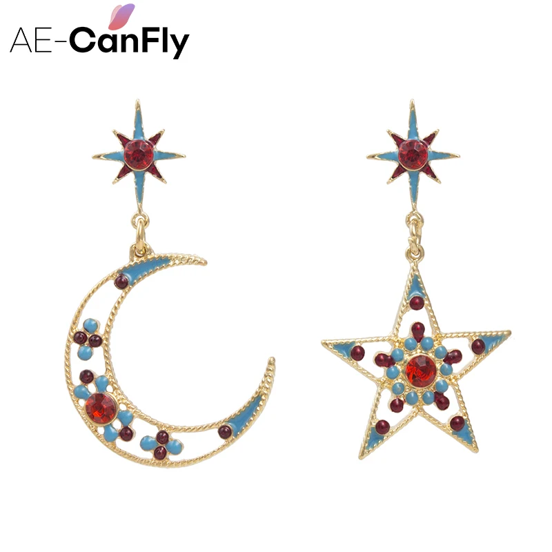 

AE-CANFLY Europe Bohemia Fashion Rhinestone Drop Statement Asymmetry Moon Star Earrings Women Jewelry