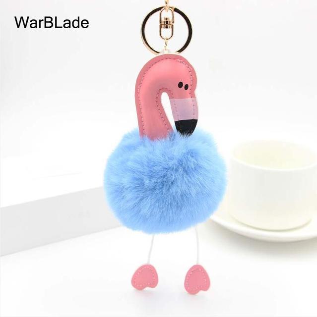New Flamingo Pompom Keychain Fluffy Fake Rabbit Fur Ball Key Chain Porte clef Women Car Bag pompon Key Ring Accessories