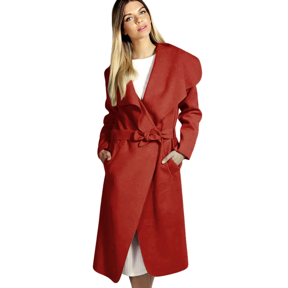 Зимнее пальто женское широкий лацкан и пояс карманное шерстяное пальто выше размера длинный красный плащ шерстяное пальто для женщин 4 размера 4 col - Цвет: Кораллово-Красный