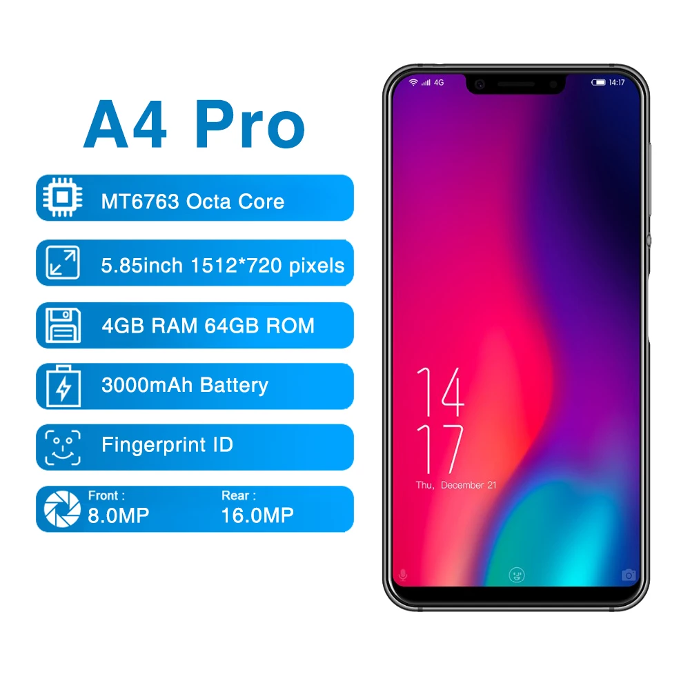 Elephone A4 Pro, 5,85 дюймов, 4G, Phablet, Android 8,1, смартфон MT6763, четыре ядра, 2,0 ГГц, 4 Гб ram, 64 ГБ rom, 16,0 Мп, задняя камера, мобильный телефон