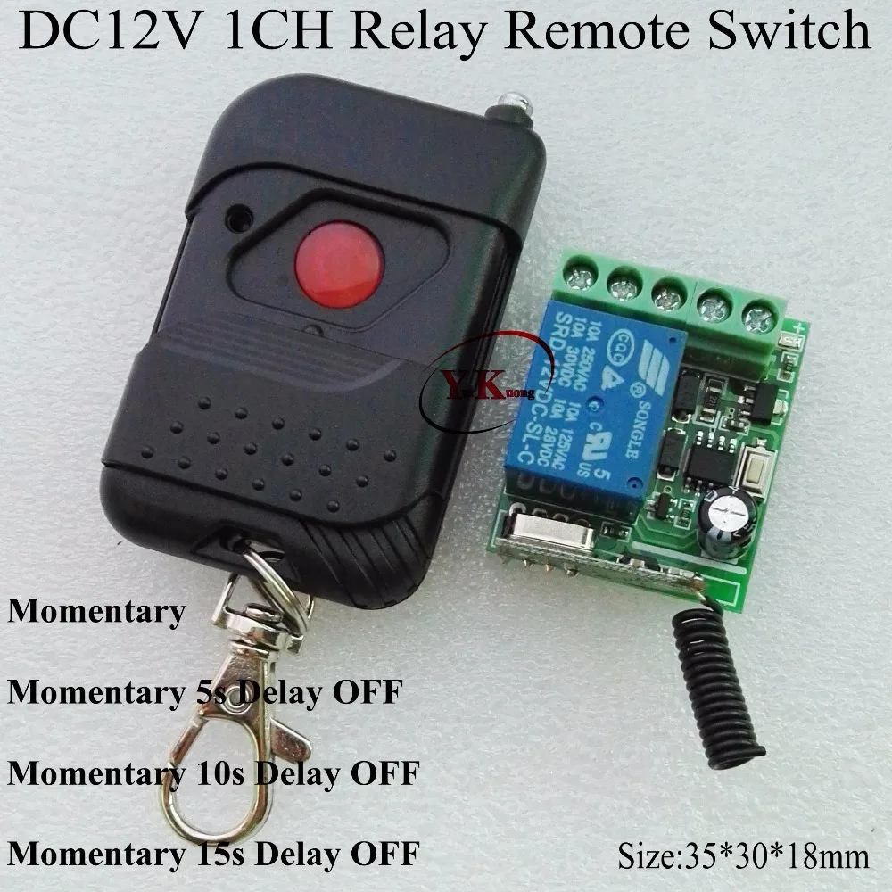 

Time Delay OFF Remote Switch DC 12V 1CH Momentary 5s 10s 15s Time Delay OFF Wireless Contact Remote Switch Normally Open Closed