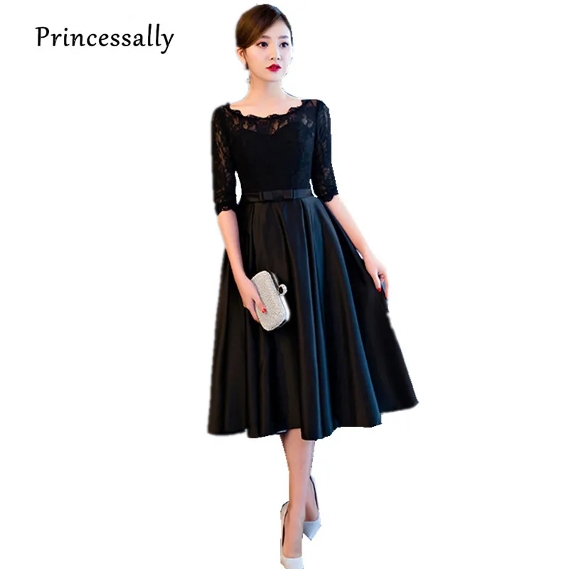 

Robe De Soriee New Black Lace Evening Dress with Satin Half Sleeved Tea-length The Bride Banquet Elegant Formal Prom Party Gown