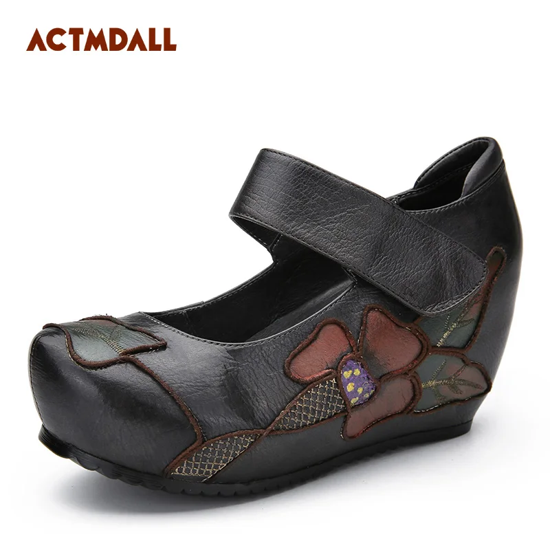 

2019 Retro National Wind Handmade Embroidered Ladies Shoes Mary Jane Platform Heels Height Increase Shoes