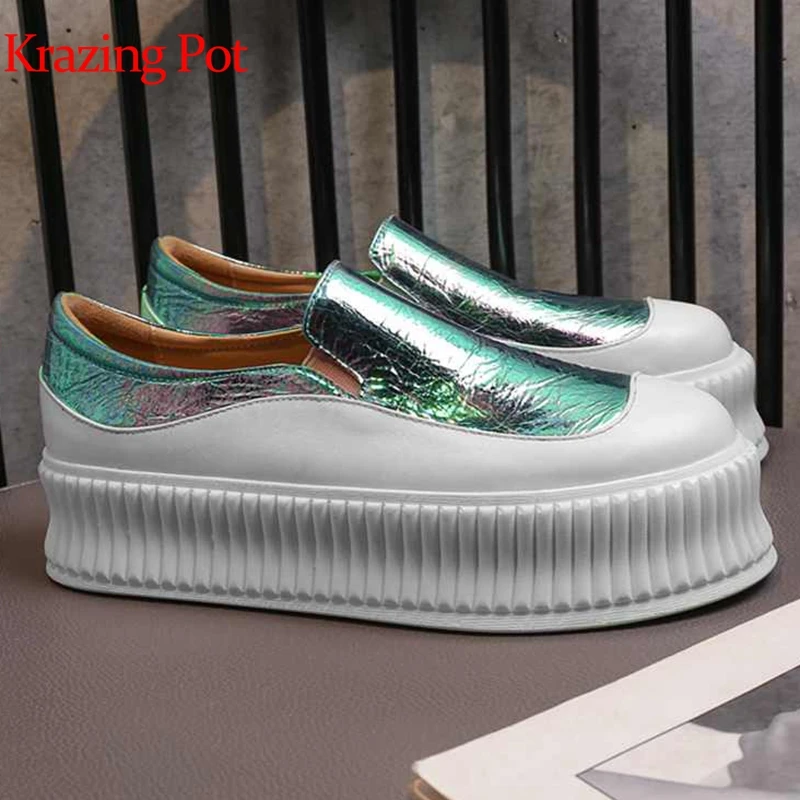 

Krazing Pot natural cow leather flat platform round toe colorful sneakers slip on European breathable cozy vulcanized shoes L25