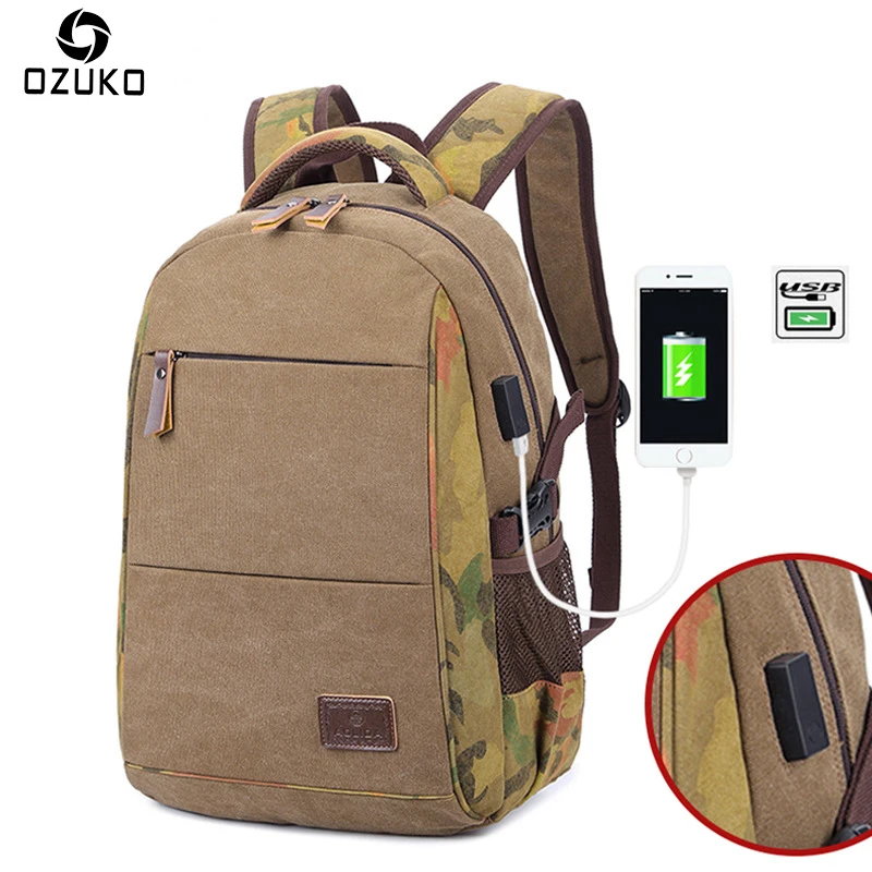 

OZUKO New Canvas Men Backpacks USB Design for 15.6 inches Latop backpack Large Capacity Casual Travel Male Rucksack School Bags