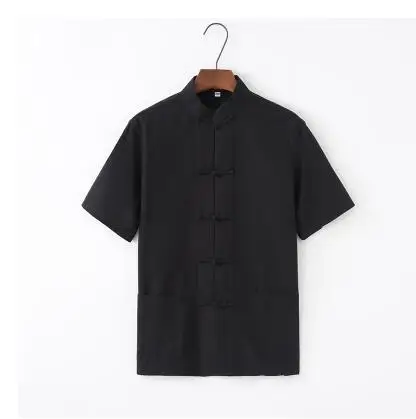 Летняя мужская хлопковая китайская рубашка в стиле Тан, китайские традиционные Топы tai chi - Цвет: Черный