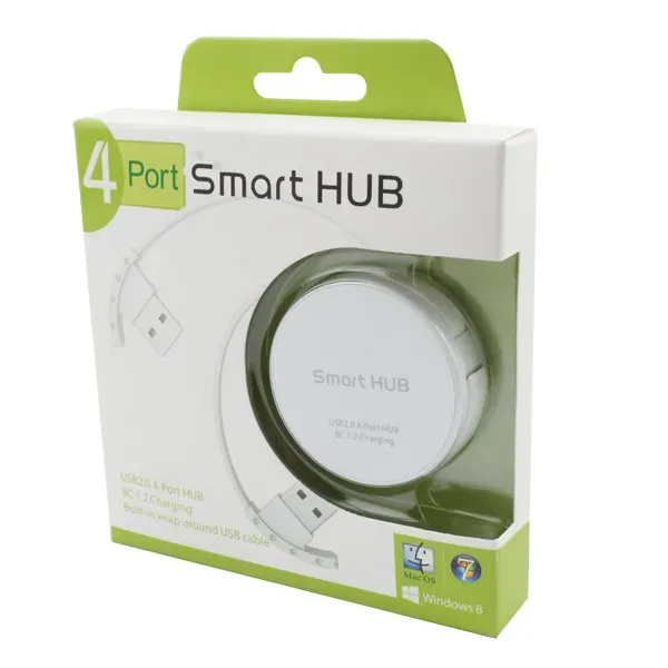 Круглый Форма 4 Порты Smart Hub с Батарея зарядки BC 1.2 встроенный Обёрточная бумага-aound кабель Белый