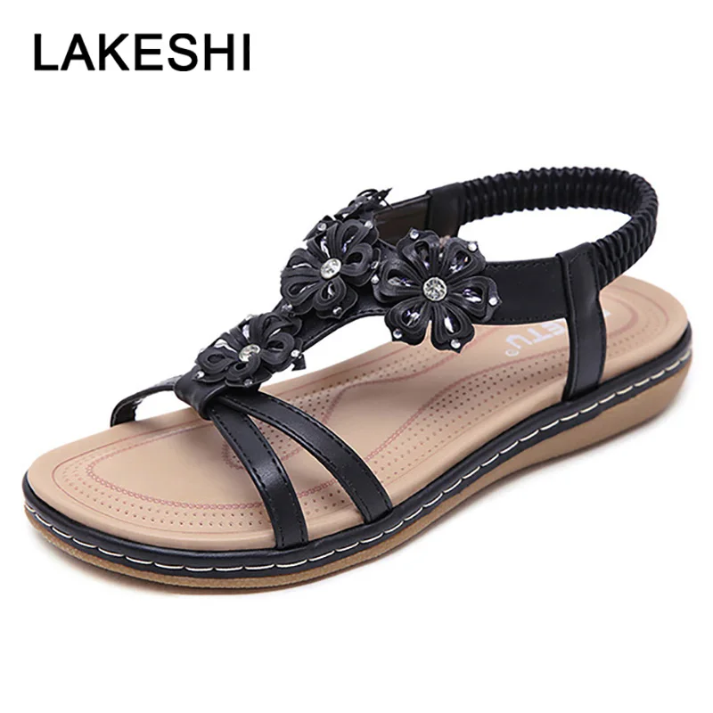 

Summer Women Shoes Woman Sandalie Rhinestone Women Sandals Bohemia Flat Sandals Flower Comfort Female Footwear Plus Size 35 42