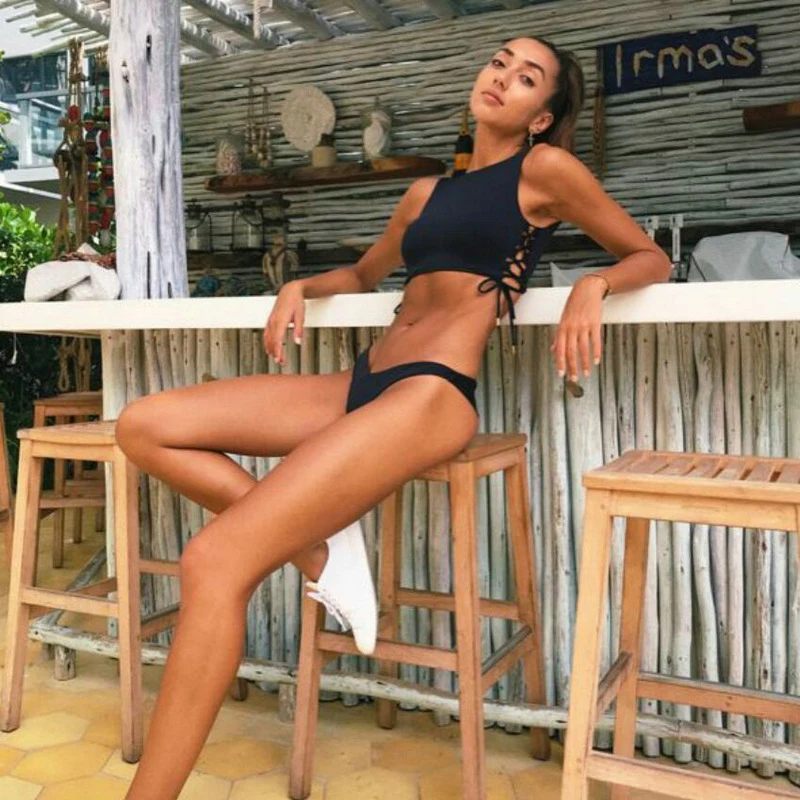 

Sexy High Neck Swimsuit Padded Bathing Suit 2019 Women Sport Brazilian Bikini Set Black Thong Push Up Halter Swim Wear Body Suit