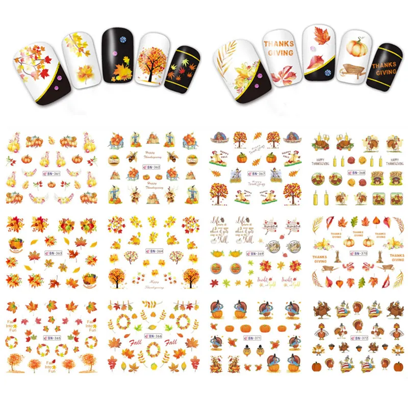 

12 patterns Autumn Water Decals Maple Leaf Pumpkin Nail Slider Stickers Thanksgiving Nail Art Transfer Sticker Manicure Deco