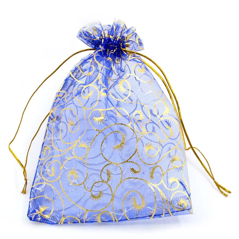 8SEASONS Organza Drawable Wedding Gift Bags&Pouches Royal Blue W/Golden Flower Pattern 19.5x13