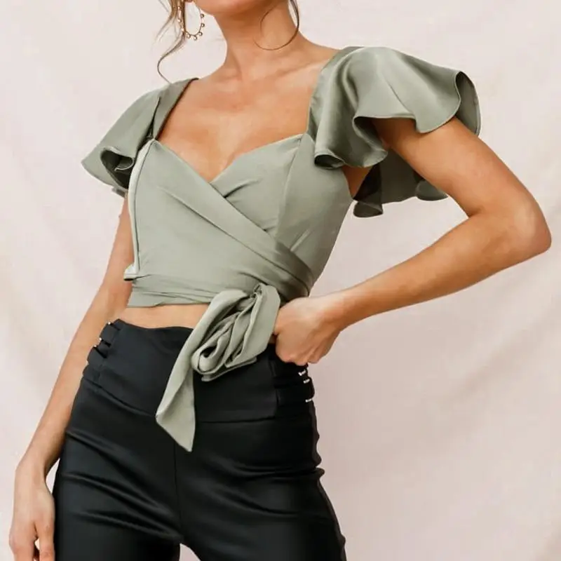 

Misswim Sexy ruffle top satin green women summer crop top bandage sashes female camisole Party club ladies Fitness tank top 2019