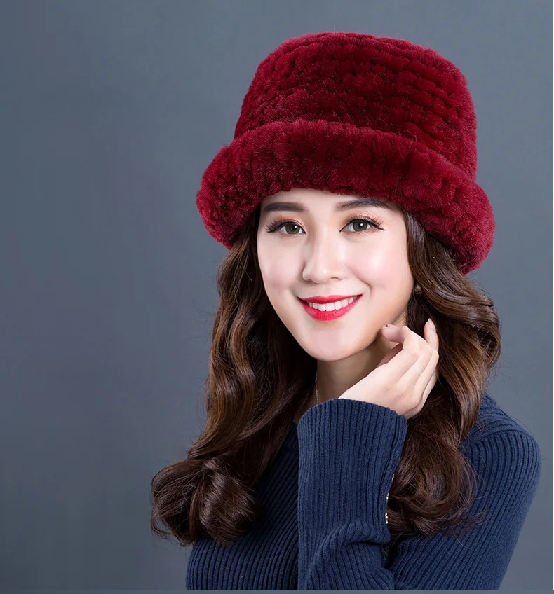 Luxury Natural Fur hats Fur Bucket Hat Russian Real Rex Rabbit Fur Hat Female Solid Women's Winter Cap Ladies (1)