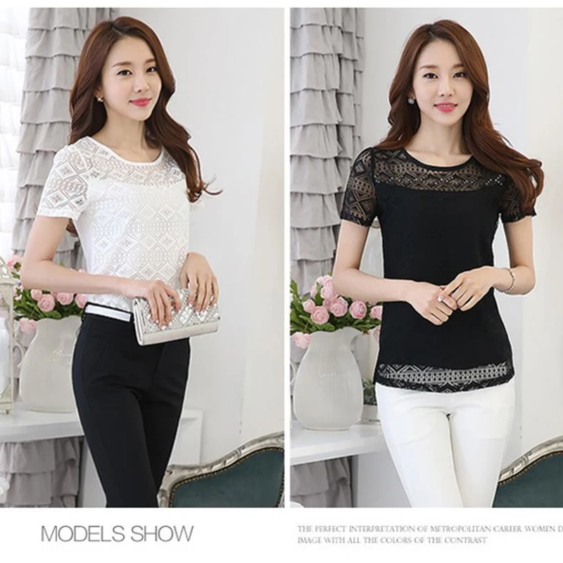 

Women Blouses Shirt 2019 Lace Short Sleeve Fashion Casual Summer Shirt Solid White Black shirt Lace Elegant Ladies Blusas Tops