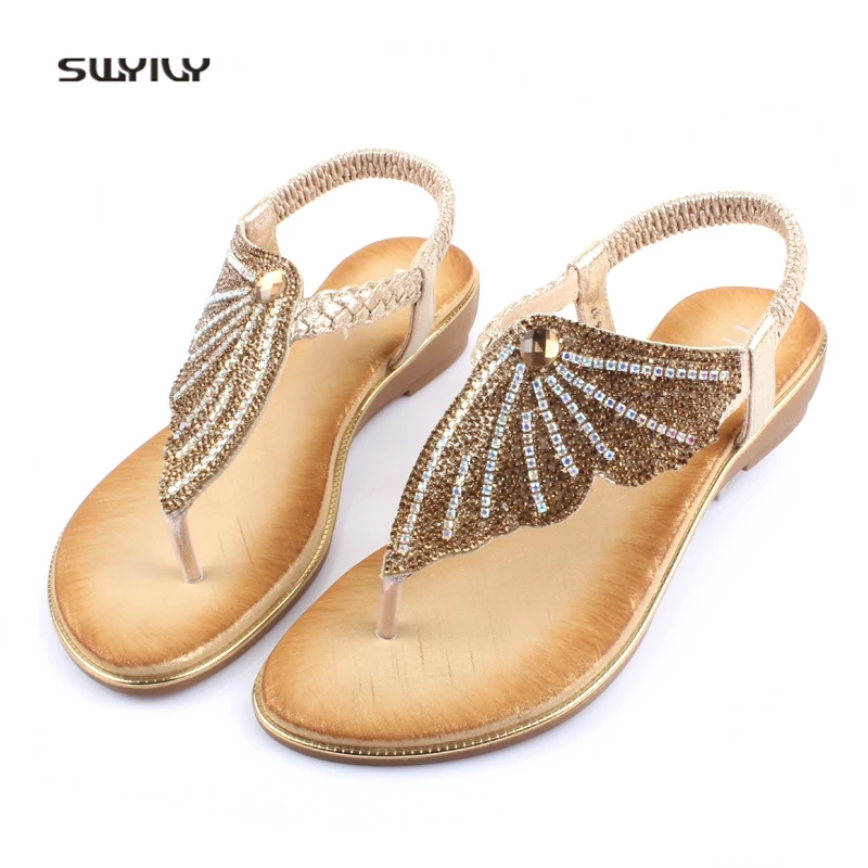 

SWYIVY Sandals Woman Wing Bling 2018 Rhinstone Female Sexy Summer Shoes T-strap Flip Flop Sandals 41 Plus Size Gold Shoes Casual