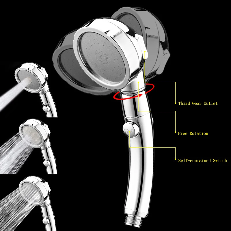 

Handheld Shower Head 3 Adjustable Modes With Stop Switch Rotary Booster Bathroom Multi-Function Showerhead