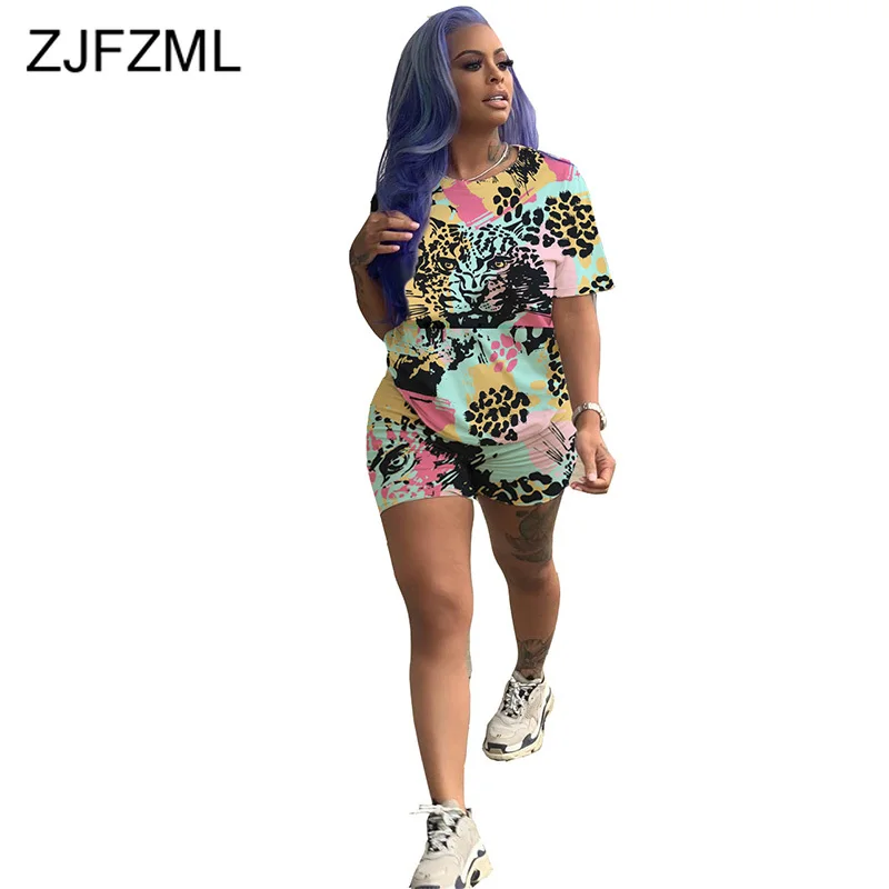 

Animal Print Harajuku 2 Piece Matching Set Women Festival Clothes O Neck Short Sleeve T-Shirt+Biker Shorts Casual Two Piece Suit