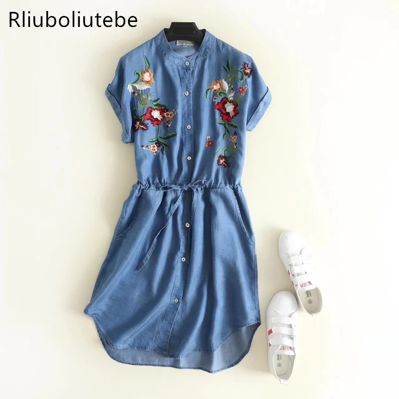 

summer denim shirt dress dropped shoulder knee-length tied waist button embroidery Jeans floral dress short sleeves cotton