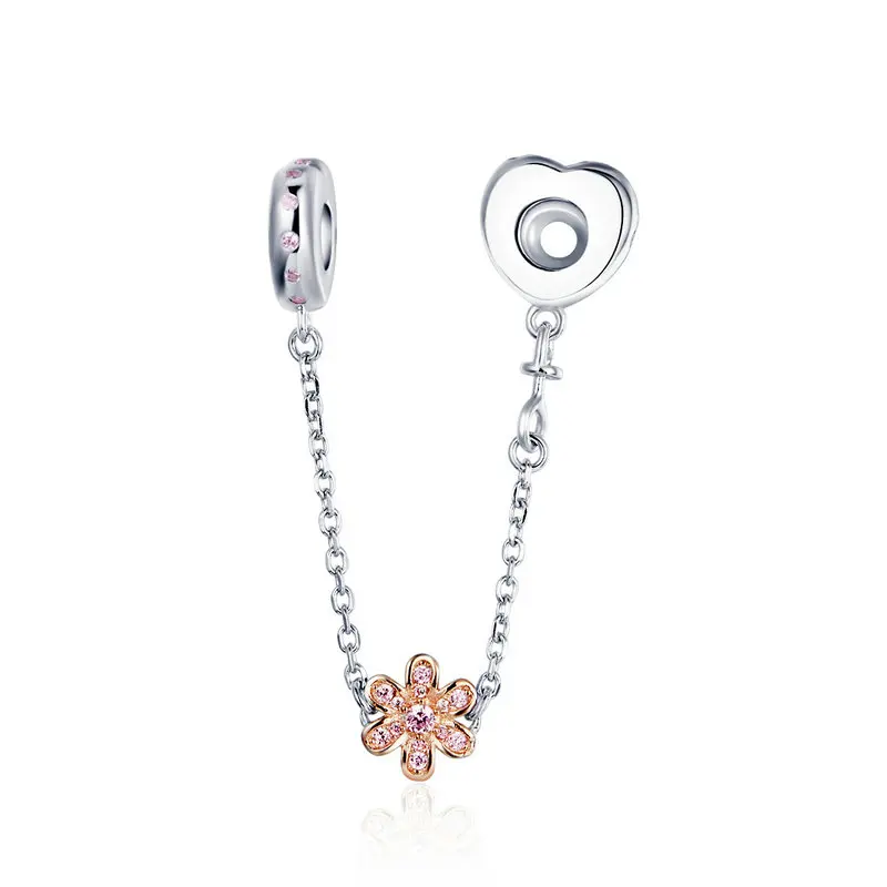 

ABAY 925 Sterling Silver Love Heart & Flower Safety Chain Stopper Charms fit Original Pandora Bracelet Bangle for Jewelry Making