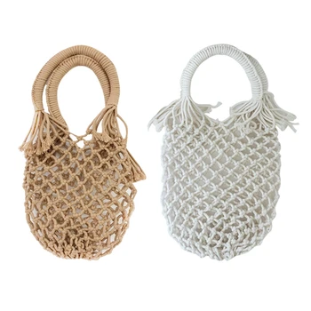 

LJL-New Pocket Straw Hand Woven Bag Cotton Handbag Vacation Fashion Beach Women Bag Tote Handmade Braided Rattan Hollow Out Ba