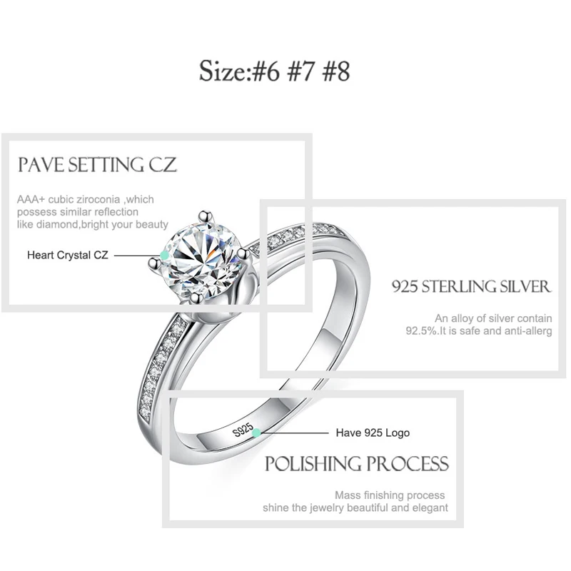ELESHE 100% Real 925 Sterling Silver Finger Rings for Women Luxury CZ Crystal Wedding Rings Fashion Jewelry 2018 New