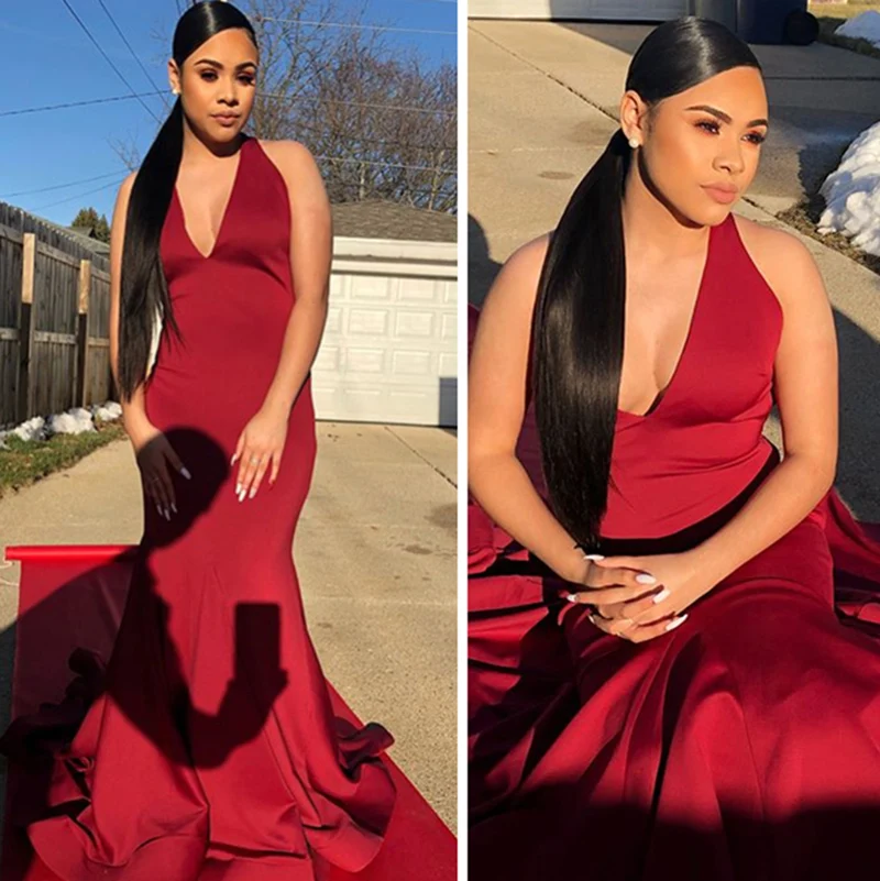 

Long Prom Dresses 2019 Elegant Mermaid V-neck Halter Satin African Black Girl Burgundy Prom Dress