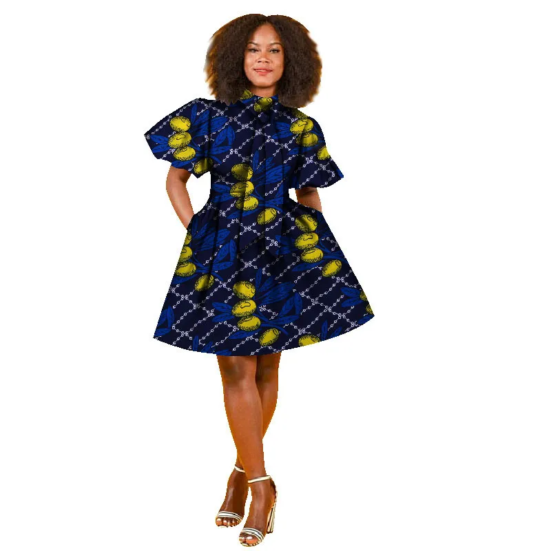 

African Dresses for Women 2019 New Dashiki Puff Sleeve with Neckwear Ankara Dresses Knee Length Cute Bazin Dress