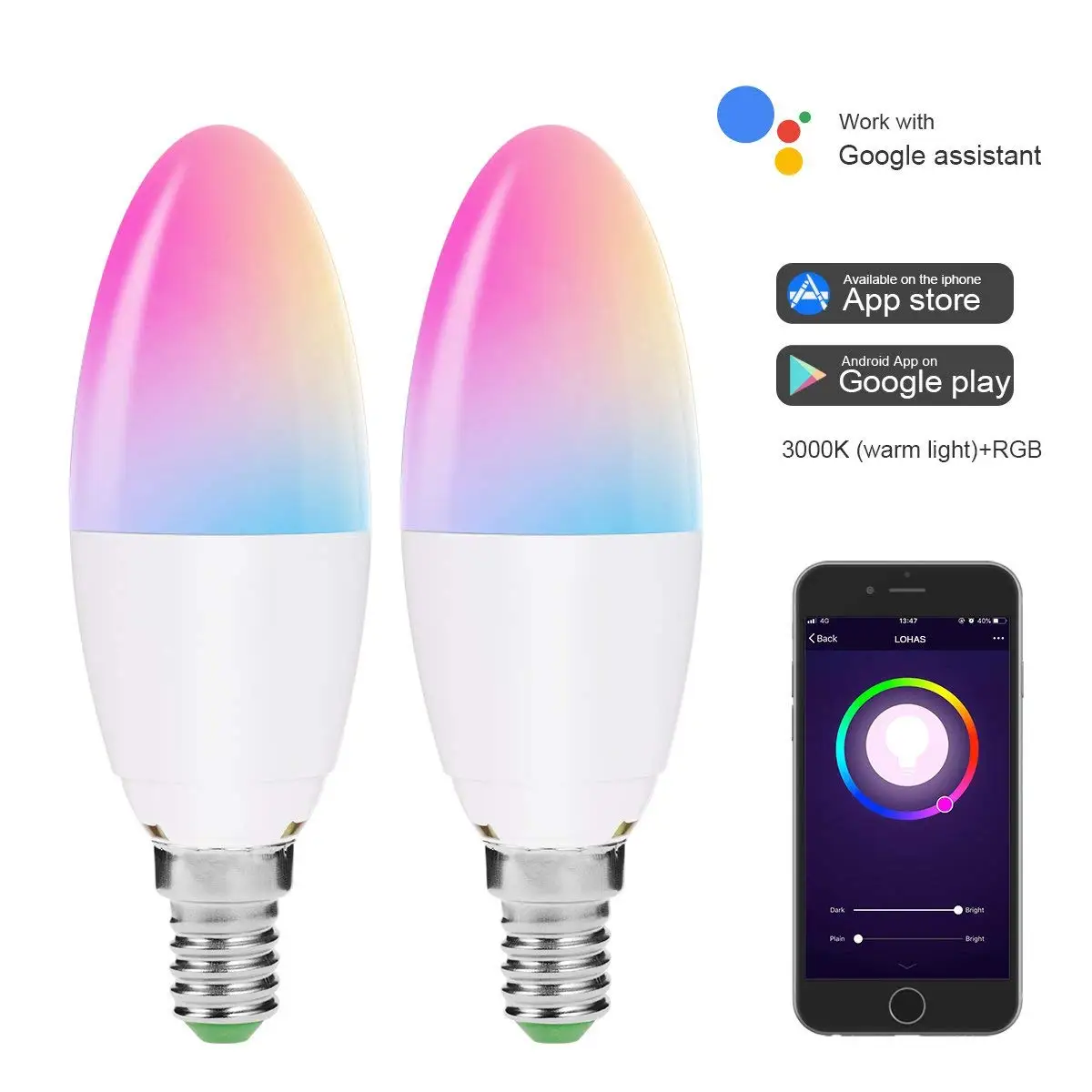 

E14 WiFi LED Candle Bulbs Works with Alexa Google Home 5W Equal to 40W LED Bulb RGB+Warm White Colour Changing Mood Light-2Pack