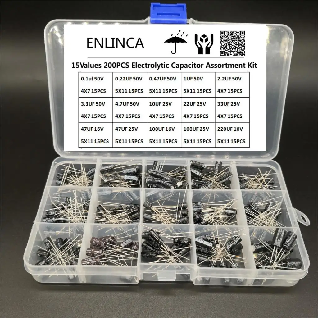 200 шт./лот радиальные комплект конденсаторов 15 значений 10V 16 V, алюминиевая крышка, 25В с алюминиевой крышкой, 50В 0,1 мкФ-220 мкФ электролитический набор различных конденсаторов 0,22 мкФ 2,2 мкФ 100 мкФ