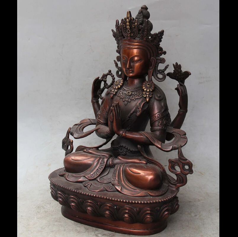 

8800628<<<12" Chinese Bronze 4 Hands 4 Arms Chenrezig Buddha Avalokiteshvara Buddha Statue
