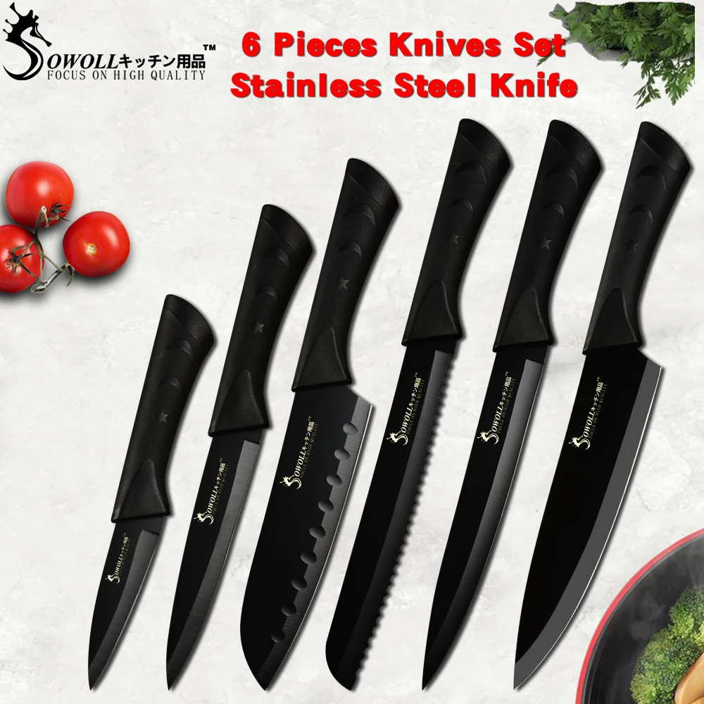 Sowoll Fashion Black Stainless Steel Kitchen Knife Set Germany Steel Ultra Sharp Blade Kitchen Knive 7Cr17 Kitchen Tools 6 PCS