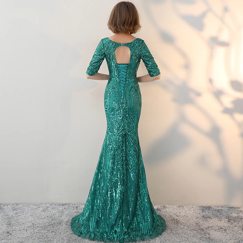 PotN'Patio Half Sleeves Green Evening Dresses Long O-neck Backless Sequin Mermaid Prom Dresses 2018 Special Occasion Dresses