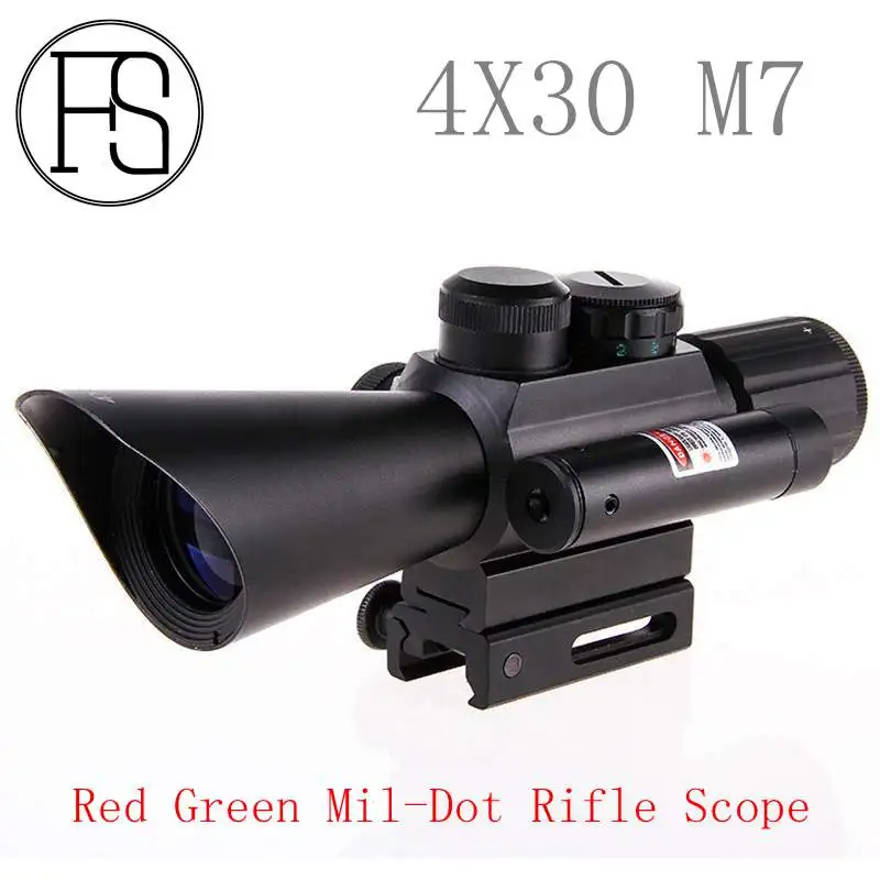 

New riflescope Hunting Tactical 4x30 M7 Rifle Telescopic + Red Laser Sight+ Mount For Optics Tactical Telescopic Sight outing