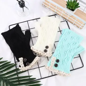 

Women Fashion Hollow Out Leaves Pattern Lace Button Gloves Half Finger Knitted Wool Mittens Winter Warm Accessories