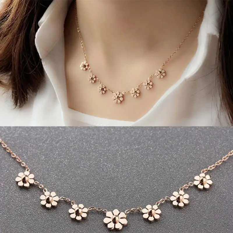 Rose Gold Daisy Pendant Necklace For Women Stainless Steel Cute ...