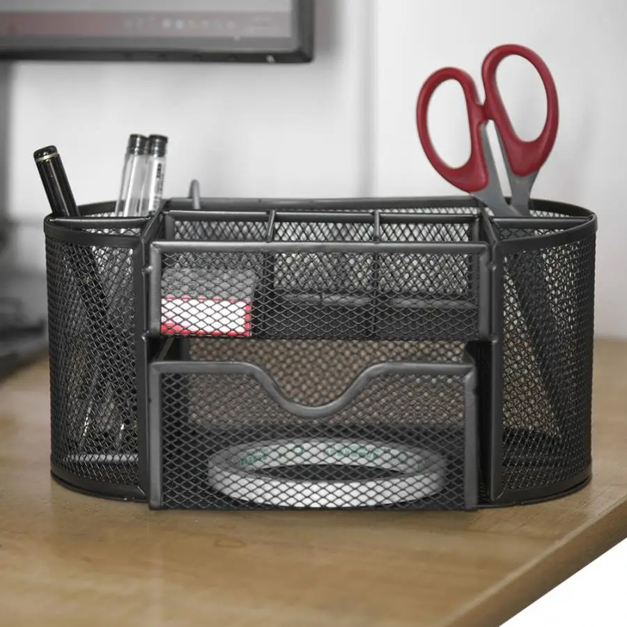 

pencil organizer Popular Desk Supplies Organizer Multi-Functional Stationery Metal Mesh Oval Pen Container office stationery