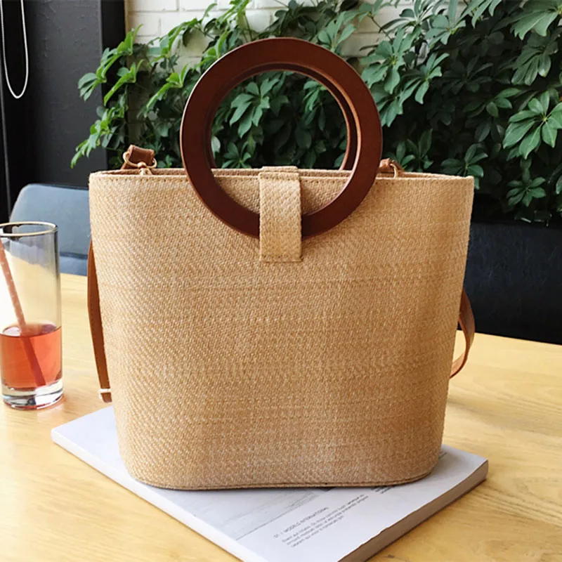 

Women Lady Straw Shoulder Crossbady Bag Round Ring Handbag Fashion For Beach Travel MSJ99