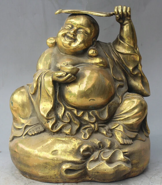 

JP S62 9" Chinese Buddhism Brass fan Seat moneybag Happy Laugh Maitreya Buddha Statue