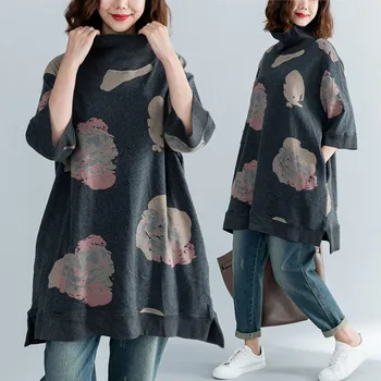 

BIG SIZE 4XL Autumn Women Fashion Elegant Print Turtleneck Tops Ladies Female Plus Large Loose Stretch Knitted Basic T shirt