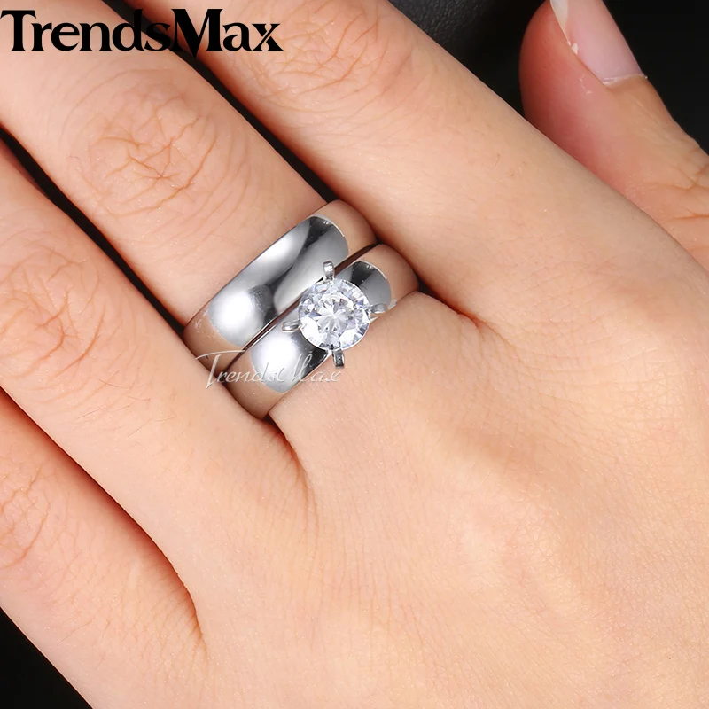 Trendsmax Mens Womens Wedding Ring Set Gold Silver Tone Stainless Steel CZ Stone Couple Promise Band Engagement Ring KKRM28