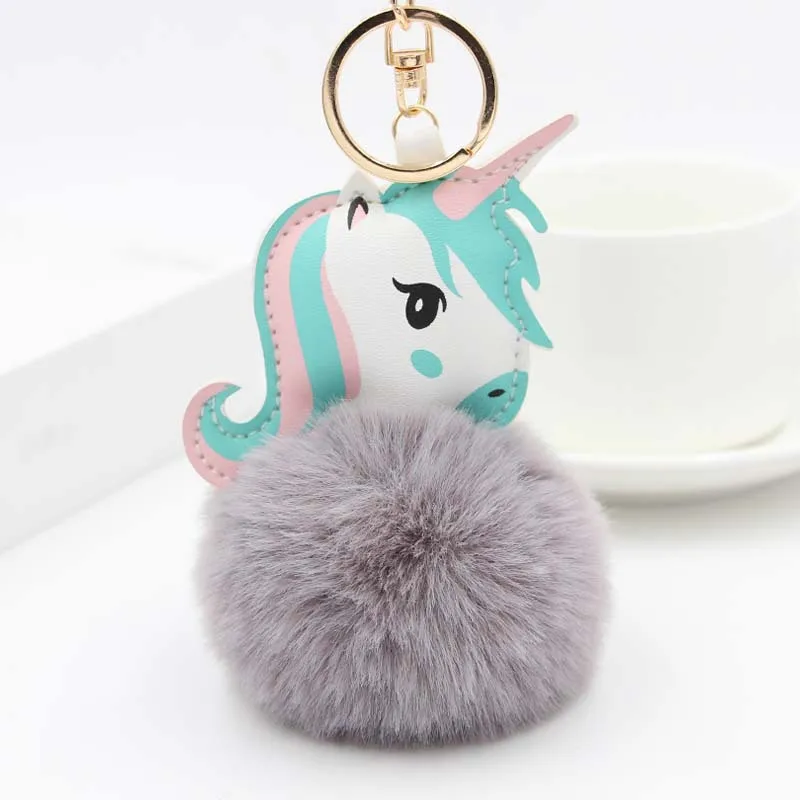 Pompom Unicorn Keychain Rabbit Fur Ball Horse Key chain porte clef Bag Car Keyring llavero mujer chaveiros For Women - Цвет: color