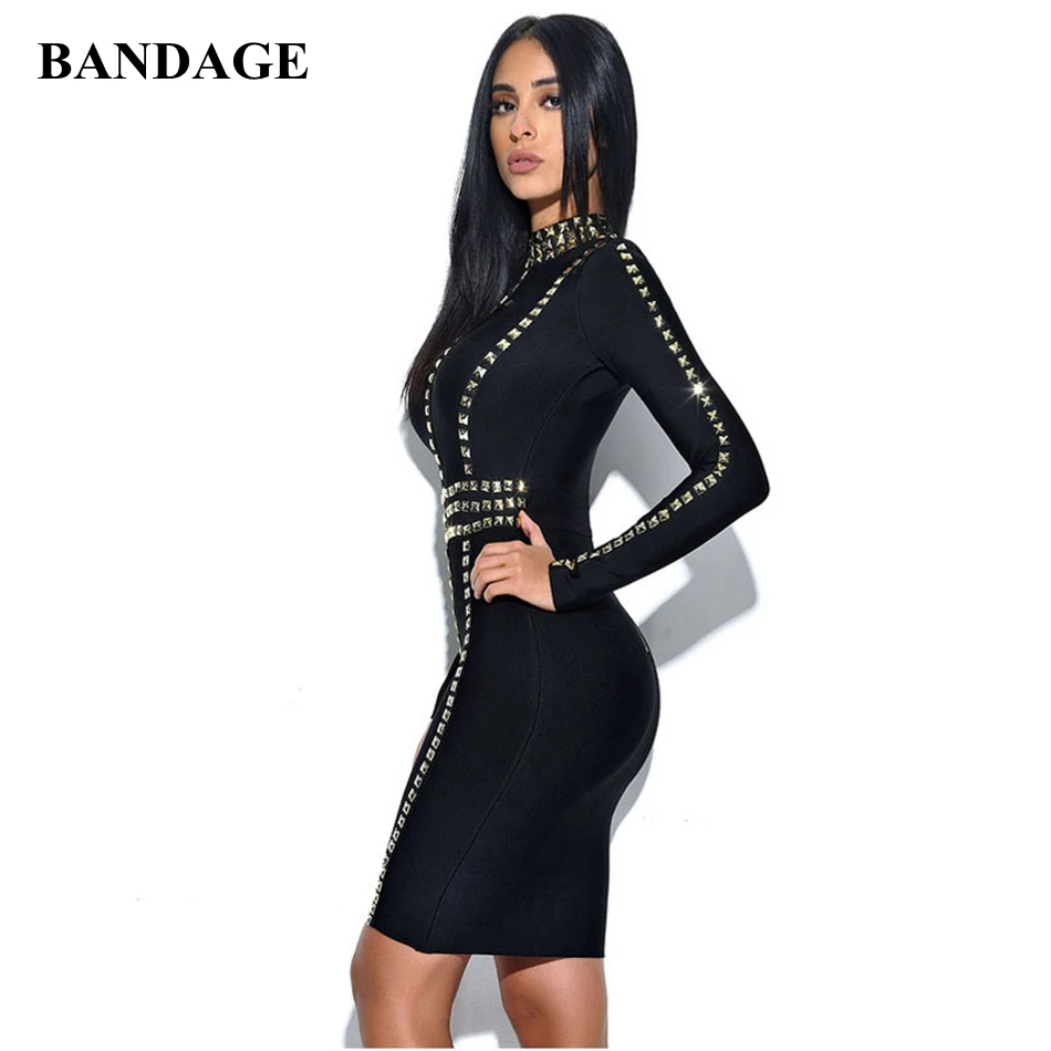 Rivets Embellished Black Bodycon Vestidos Sheath Women Bandage Dress