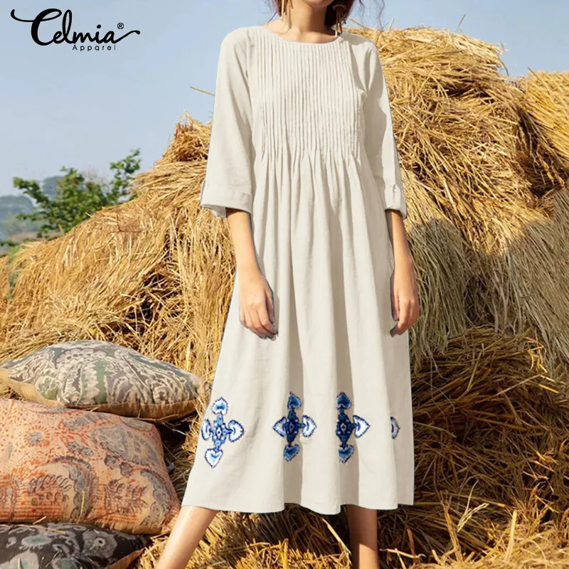 

Vintage Dress 2019 Celmia Women Summer O-neck Printed Shirt Dress Female Casual Loose 3/4 Sleeve Pleated Midi Vestidos Plus Size