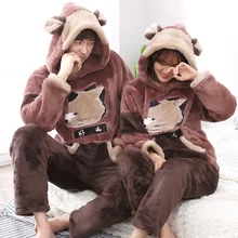 Зимний мужской пижамный комплект унисекс для сна с ушками и хвостом, мягкая теплая домашняя одежда для влюбленных, женские плотные пижамные костюмы с передним карманом