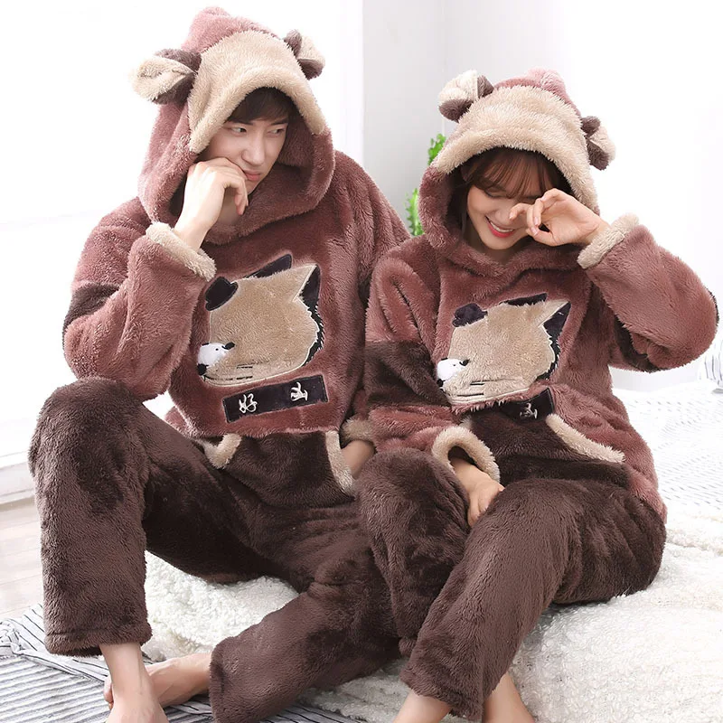 

Winter men's sleeper unisex pajamas set with ears and tail soft warm lover home clothes women thick sleepwear suits front pocket