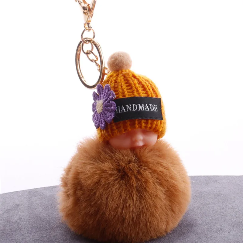 Fluffy fur pompom keychain cut sleeping baby doll keychain fake rabbit fur key chain 01_